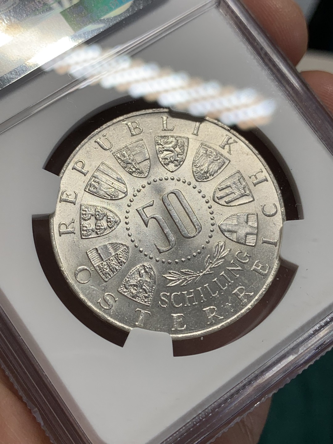 《竞宝斋》第159场-周日，周一 2场 (全场包邮) NGC-MS64 奥地利1963年 联盟纪念50先令大银币 好品好状态