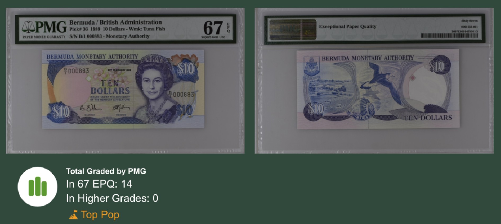 收藏联盟Quantum Auction 第254期拍卖  百慕大1989年10元 PMG67 百位号 冠军分