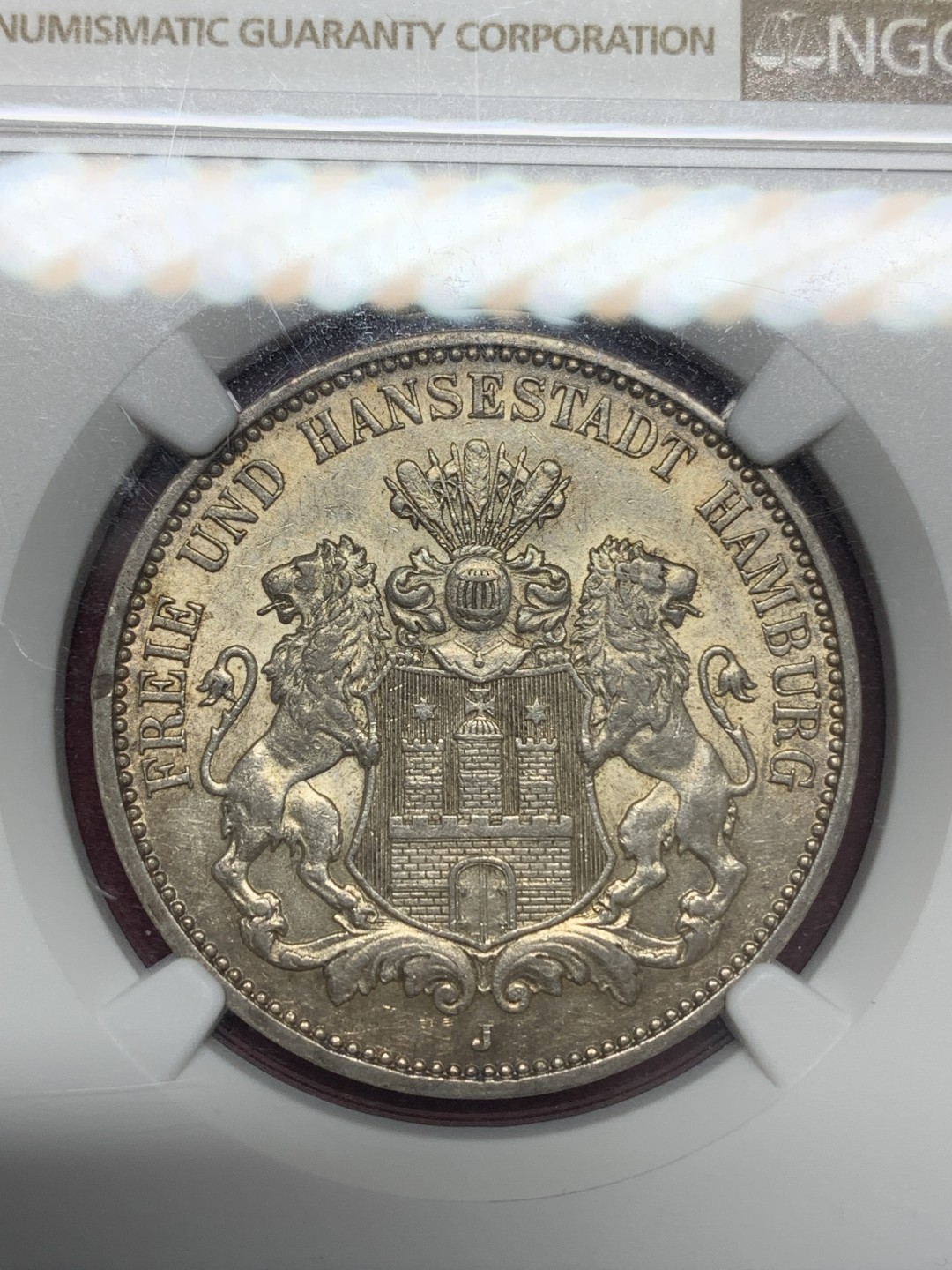 《竞宝斋》第159场-周日，周一 2场 (全场包邮) NGC-AU58 德国 1909年 汉堡双狮 3马克银币