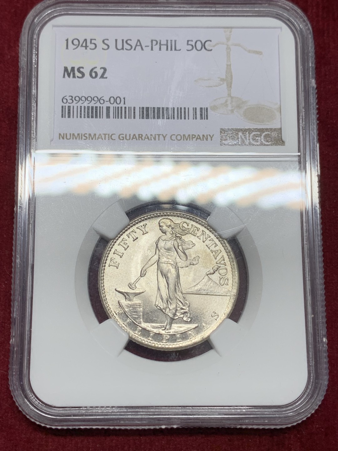 《竞宝斋》第159场-周日，周一 2场 (全场包邮) NGC MS62 美属菲律宾1945年打铁女神50分银币