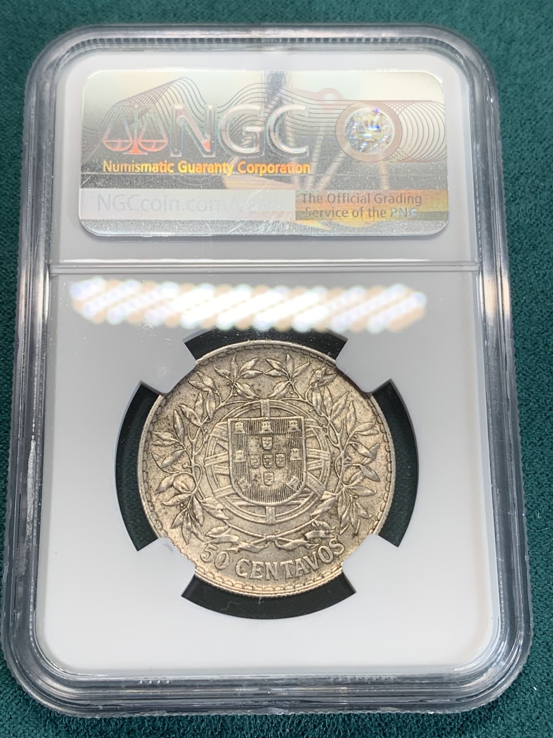 《竞宝斋》第159场-周日，周一 2场 (全场包邮) NGC-AU53 1913葡萄牙50分银币，市面上常见的是1916年的，1913年的不多