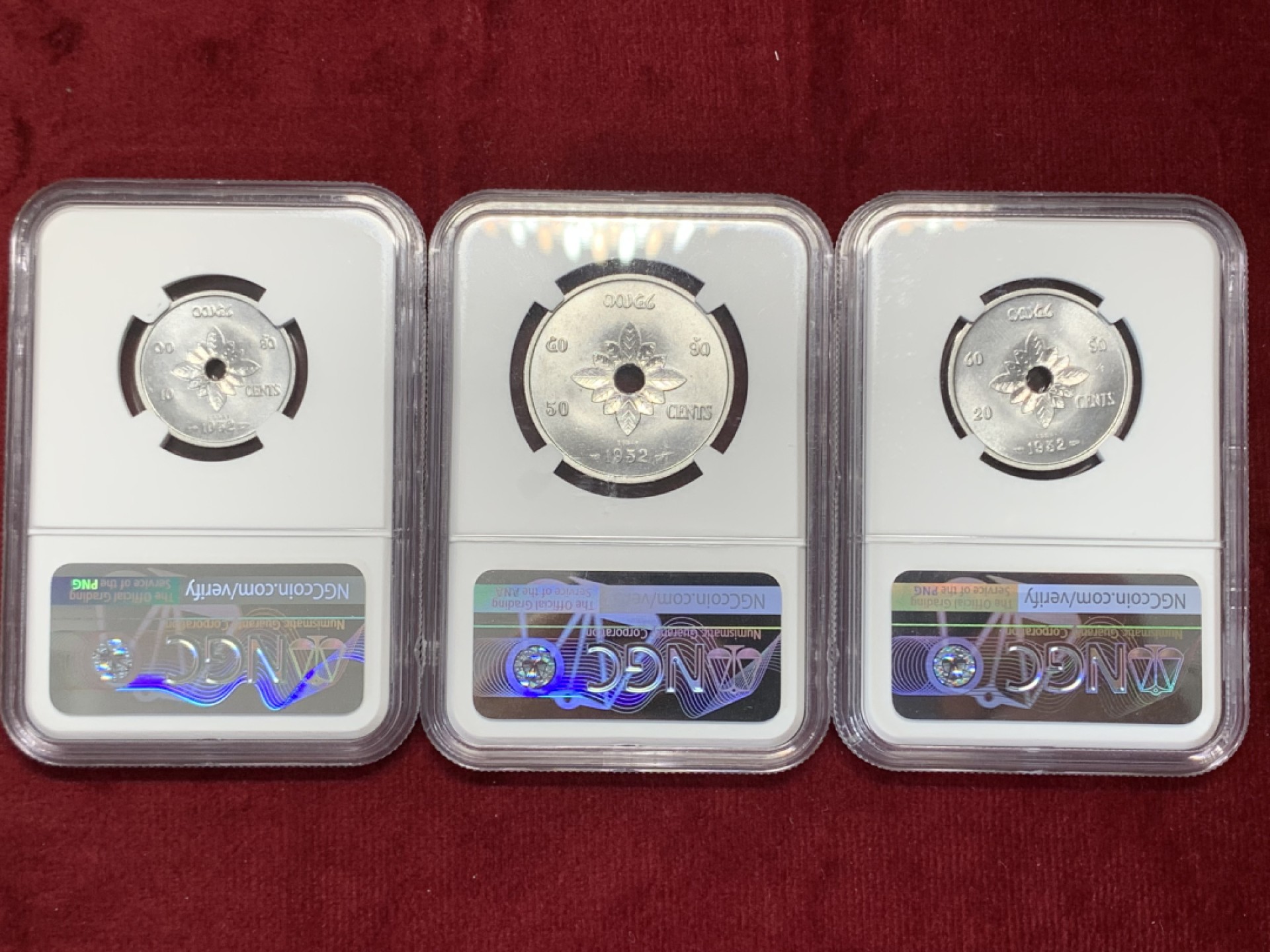 《竞宝斋》第159场-周日，周一 2场 (全场包邮) NGC-MS64/64/62 老挝 1952年 10分/20分/50分 老挝样币Essai，近期东南亚大热品种