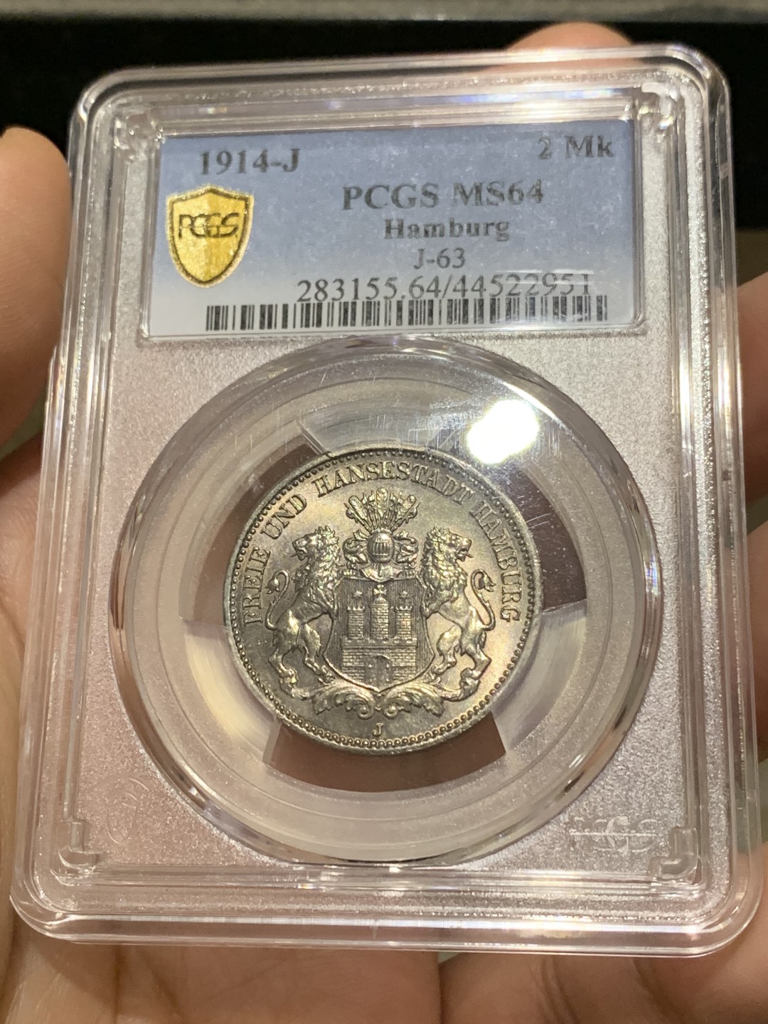 《竞宝斋》第159场-周日，周一 2场 (全场包邮) PCGS-MS64 德国汉堡 1914年双狮2马克 流通充分 高分非常少 转光美丽