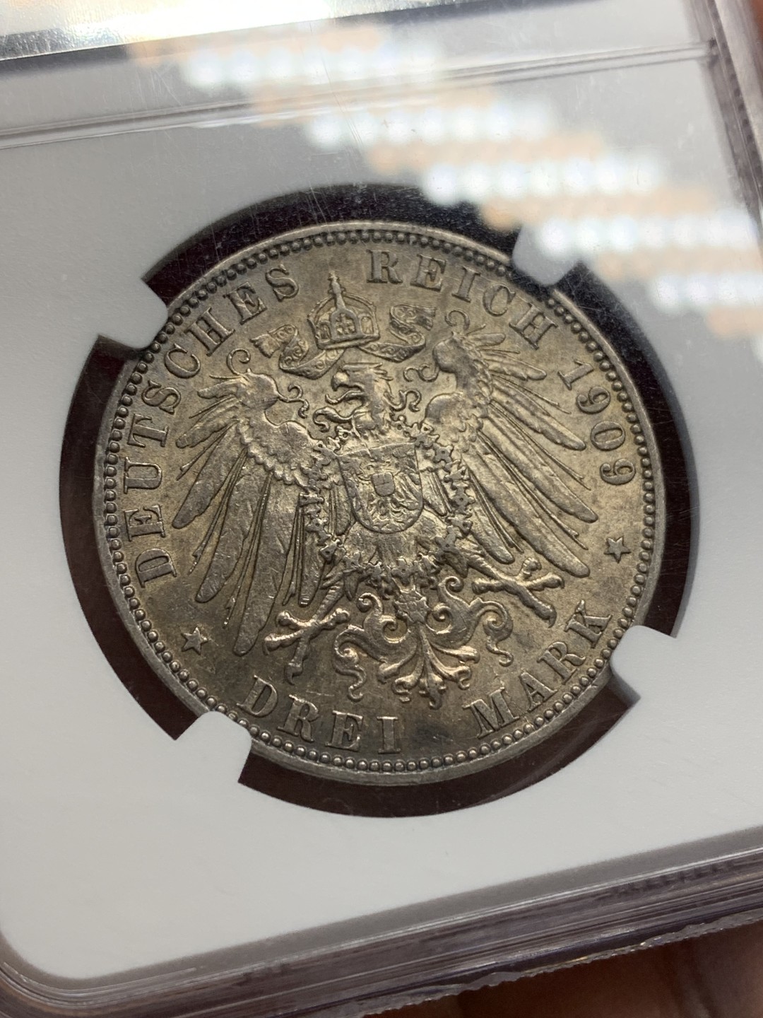 《竞宝斋》第159场-周日，周一 2场 (全场包邮) NGC-AU58 德国 1909年 汉堡双狮 3马克银币