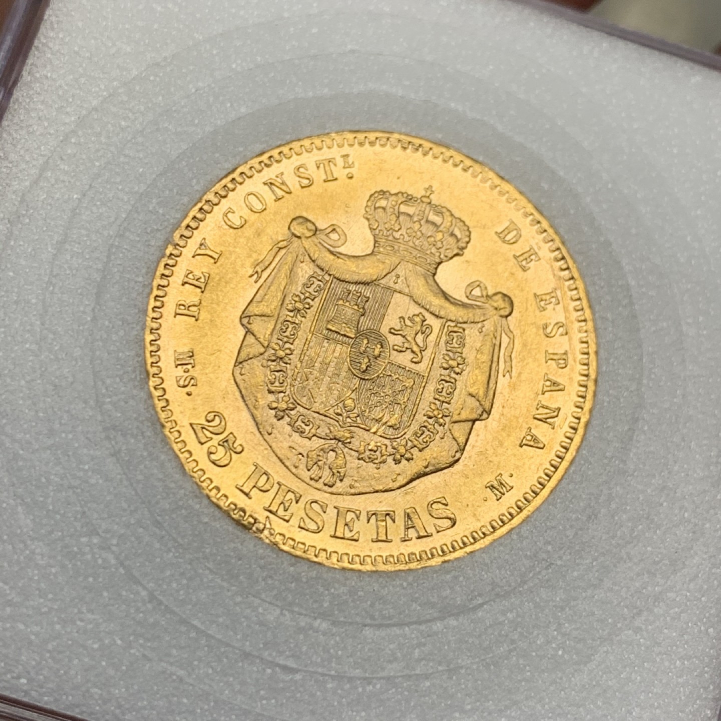 《竞宝斋》第159场-周日，周一 2场 (全场包邮) 1880年 西班牙金币 25比塞塔 8.06克 阿方索十二世 UNC底板状态很棒