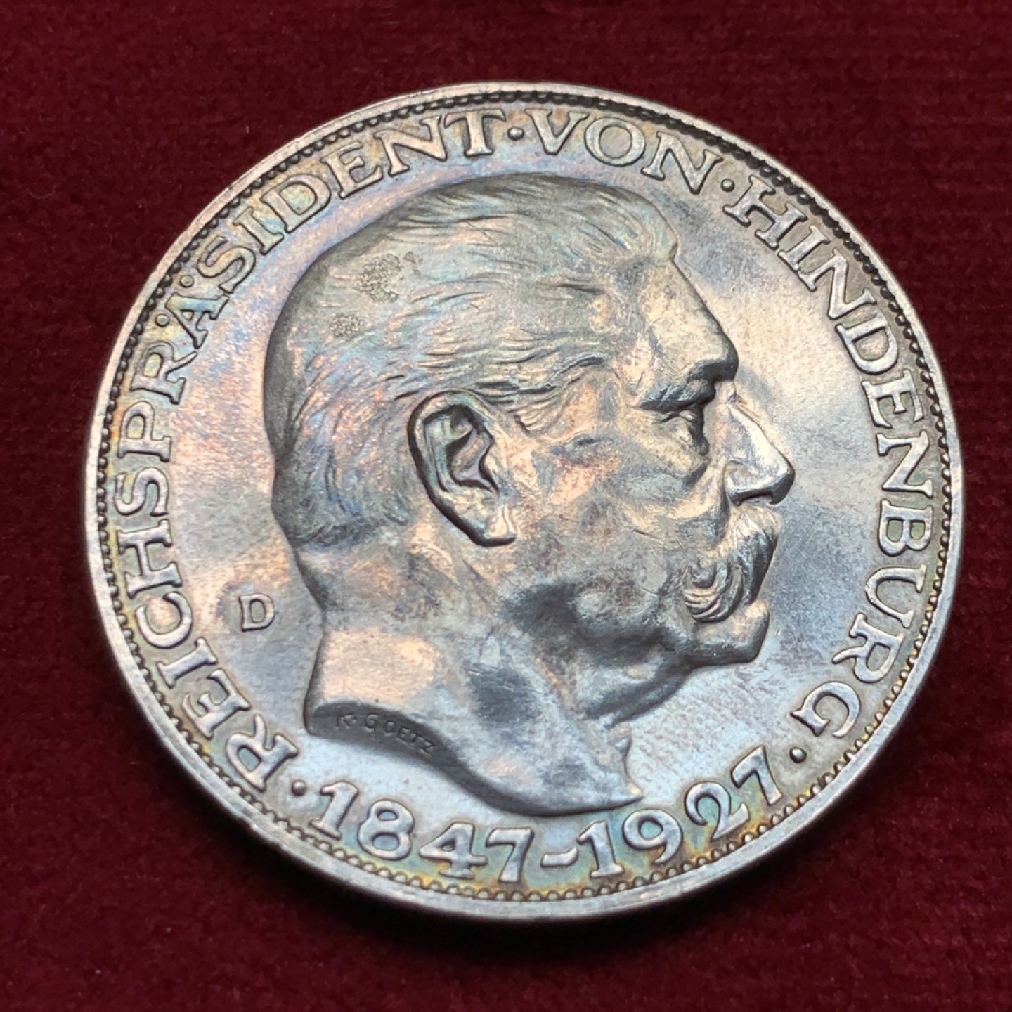 《竞宝斋》第159场-周日，周一 2场 (全场包邮) 1927D 德国 兴登堡80寿辰 卡尔歌茨作品 经典 5马克币型章