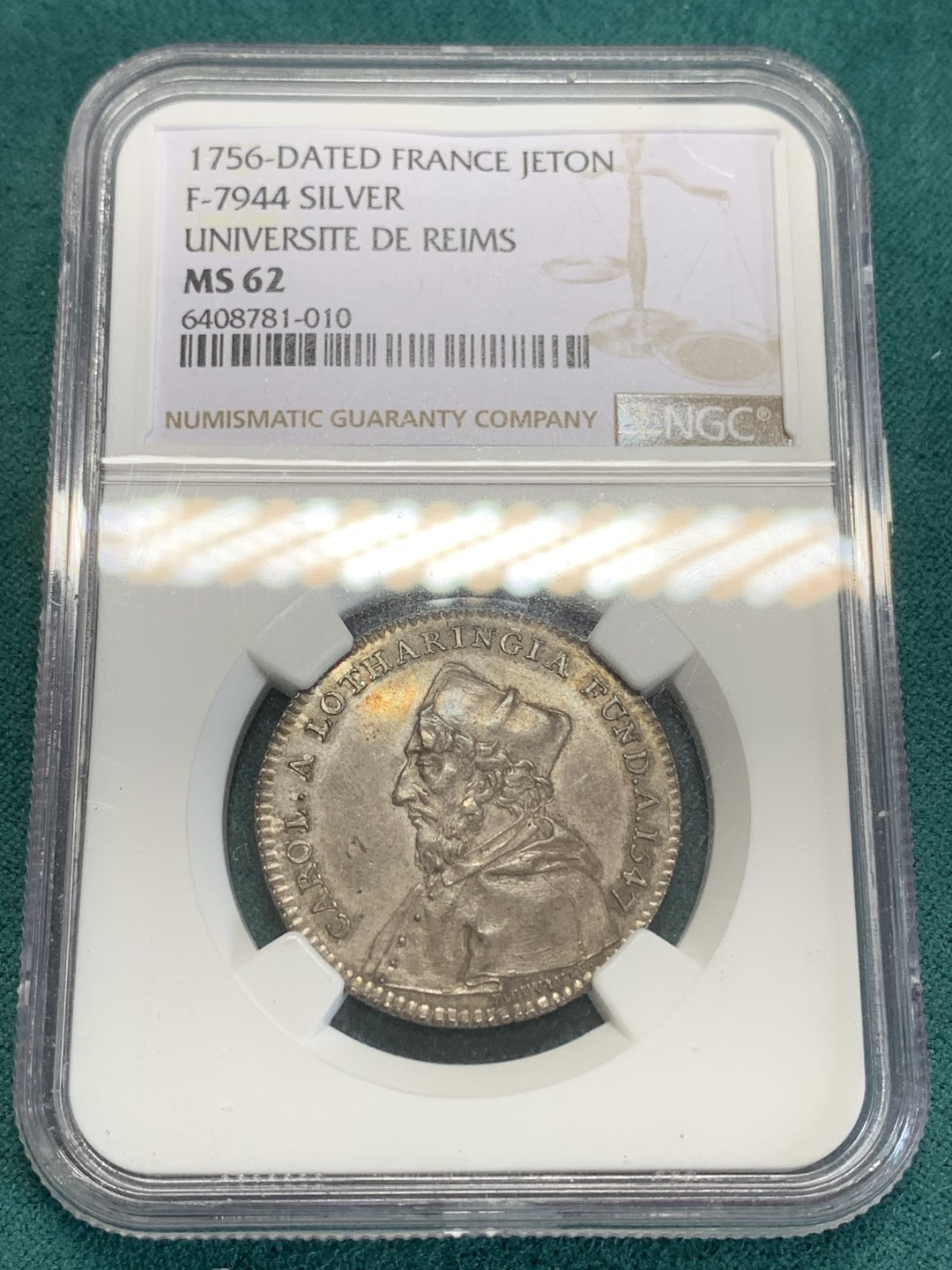 《竞宝斋》第159场-周日，周一 2场 (全场包邮) NGC-MS62 法国1756年 兰斯大学JETON 顶级品相 百年老包浆