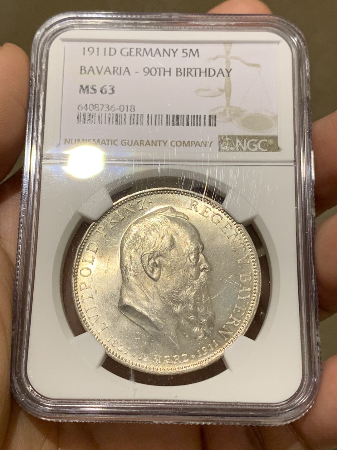 《竞宝斋》第159场-周日，周一 2场 (全场包邮) NGC-MS63 德国 1911年 5马克 大银币 巴伐利亚  摄政王90大寿纪念银币 细节完美 高分难得 鹰面64水平