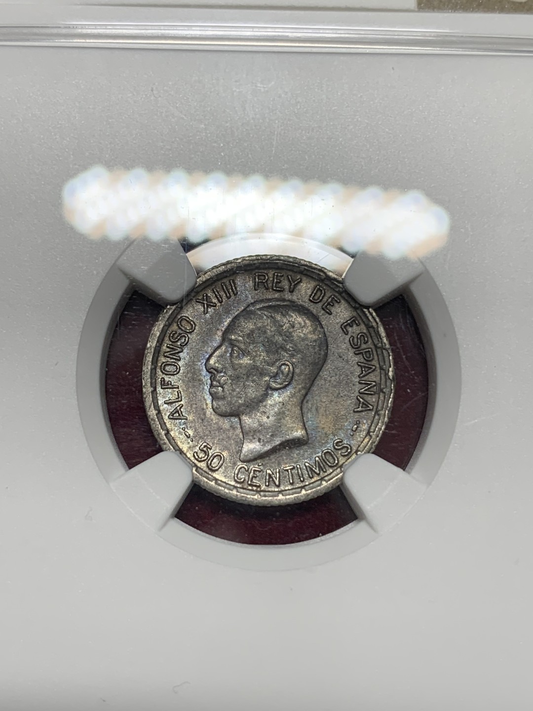 《竞宝斋》第159场-周日，周一 2场 (全场包邮) NGC-MS61 西班牙 1926年 阿方索十三世 50分银币 深紫色包浆 小而精