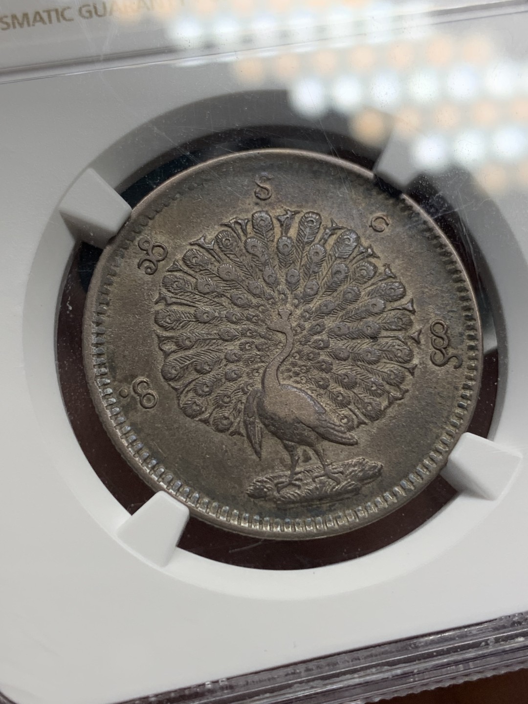 《竞宝斋》第159场-周日，周一 2场 (全场包邮) NGC-XF 缅甸 1852年 1 Kyat 贡榜王朝经典孔雀图案，包浆均一，羽毛细节完善