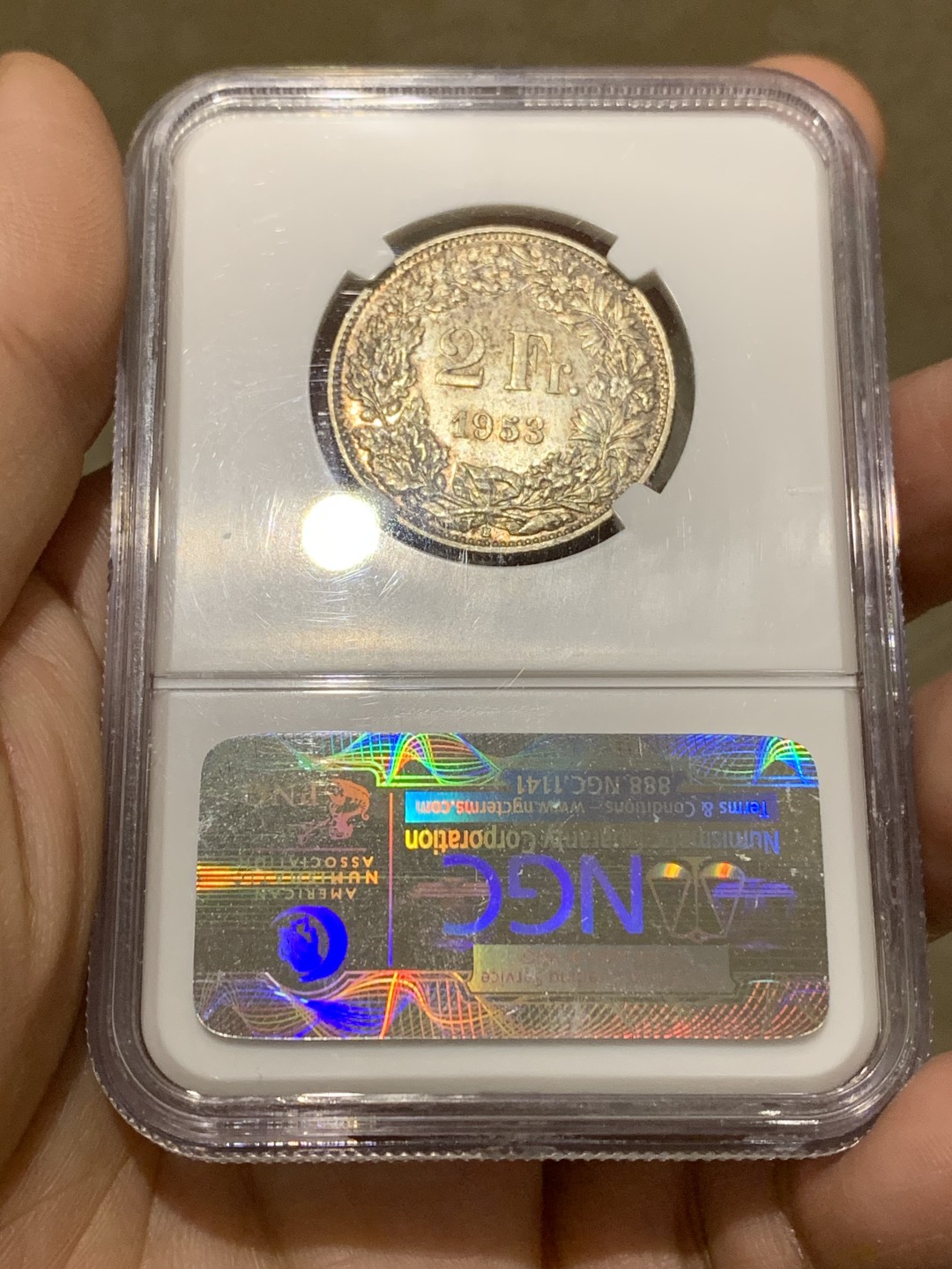 《竞宝斋》第159场-周日，周一 2场 (全场包邮) NGC-MS63 1953年 瑞士2法郎银币，赫尔维蒂娅女神。后期特年，1940后发行量最少的年份，书价是常见6x年的4-5倍