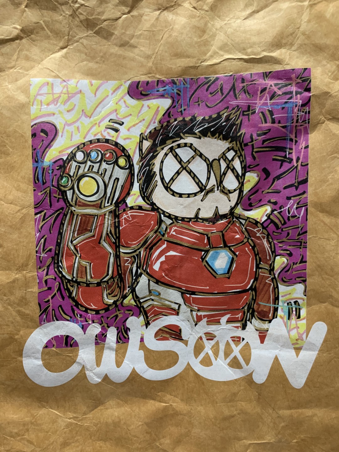 零元拍：展会热卖款，歪歪 OWSON系列杜邦纸手提袋  复古牛皮色防水洗杜邦环保潮流手袋《钢铁侠》，尺寸约35/38.5CM。