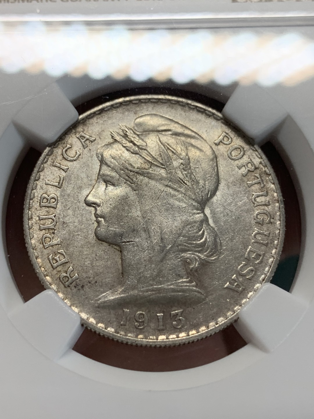 《竞宝斋》第159场-周日，周一 2场 (全场包邮) NGC-AU53 1913葡萄牙50分银币，市面上常见的是1916年的，1913年的不多