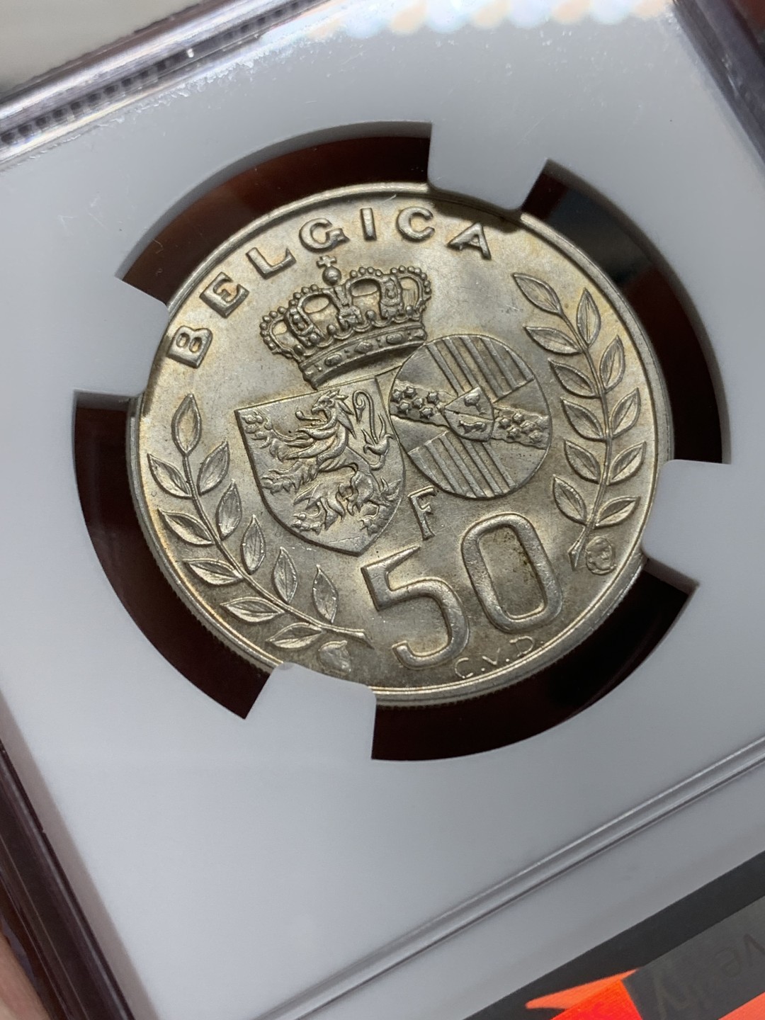 《竞宝斋》第159场-周日，周一 2场 (全场包邮) NGC-MS62 比利时1960年 皇家金婚 50法郎银币 状态难得