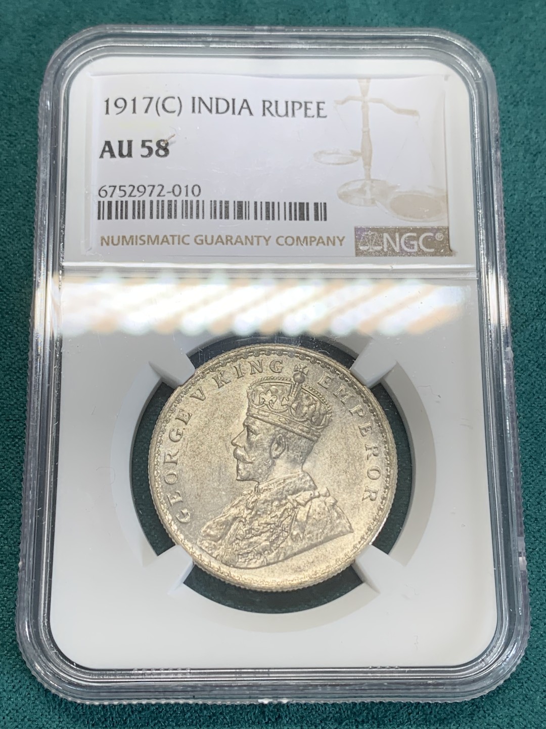 《竞宝斋》第159场-周日，周一 2场 (全场包邮) NGC AU58 英属印度 1917-C版 乔五 1卢比 银币 原味状态不错