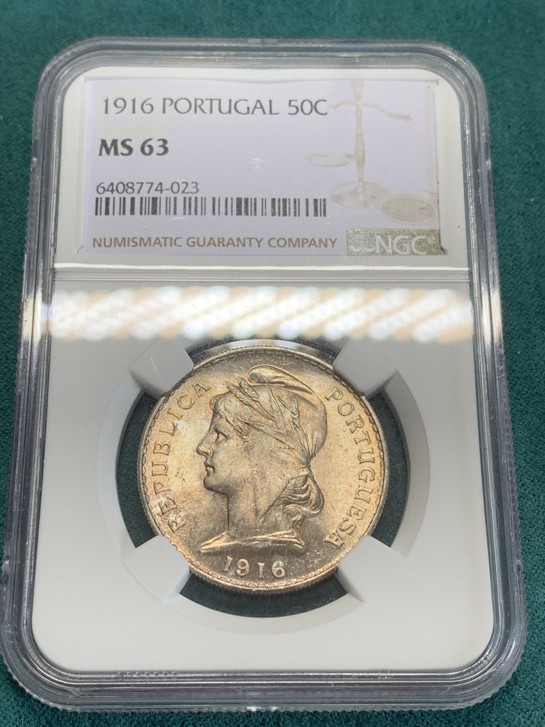 《竞宝斋》第159场-周日，周一 2场 (全场包邮) NGC-MS63 葡萄牙1916年 自由女神半圆 带彩包浆