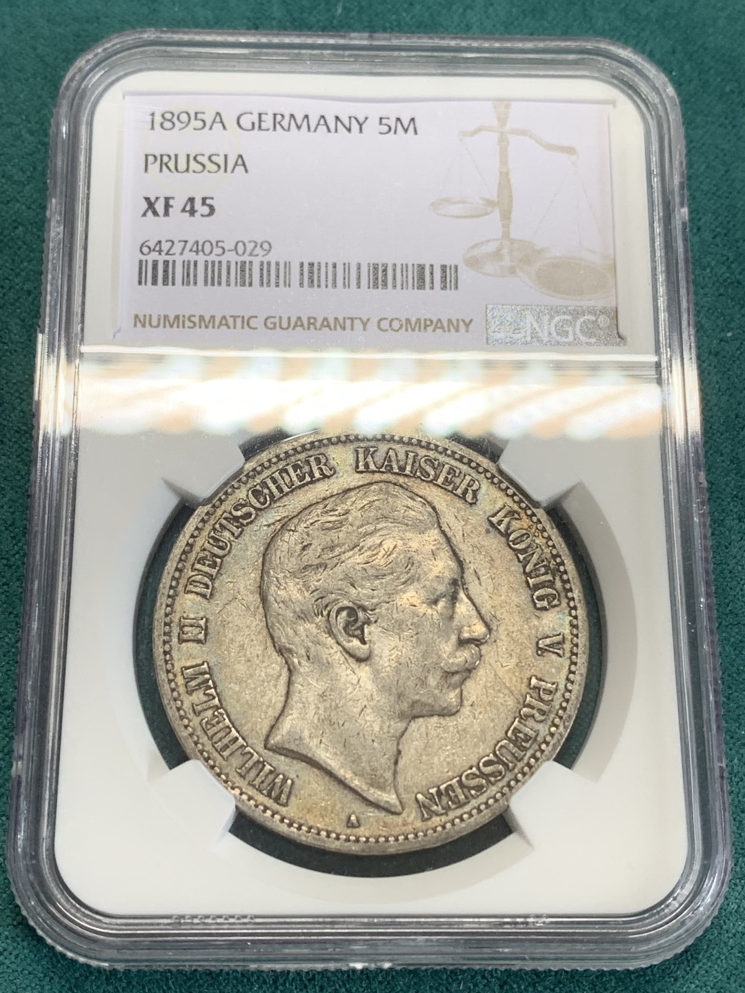 《竞宝斋》第159场-周日，周一 2场 (全场包邮) NGC-XF45 德国普鲁士 1895年威廉二世 5马克大银币 早期年份 原味好品