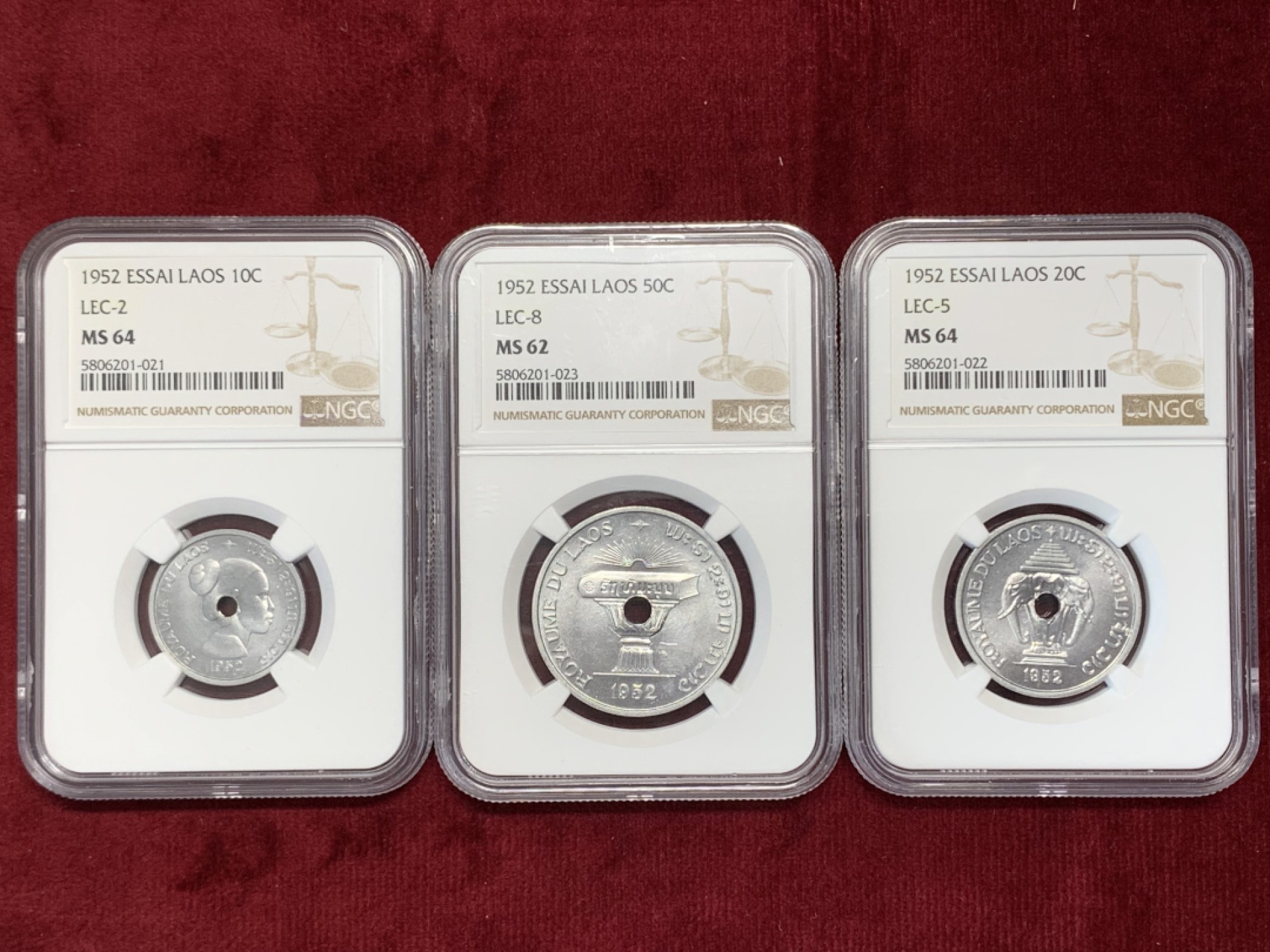 《竞宝斋》第159场-周日，周一 2场 (全场包邮) NGC-MS64/64/62 老挝 1952年 10分/20分/50分 老挝样币Essai，近期东南亚大热品种