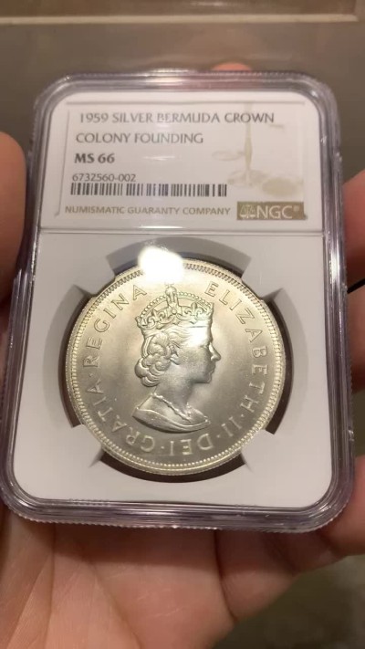《竞宝斋》第159场-周日，周一 2场 (全场包邮) NGC MS66 百慕大 1959 1克朗大银币 百慕大早期唯一的高银克朗