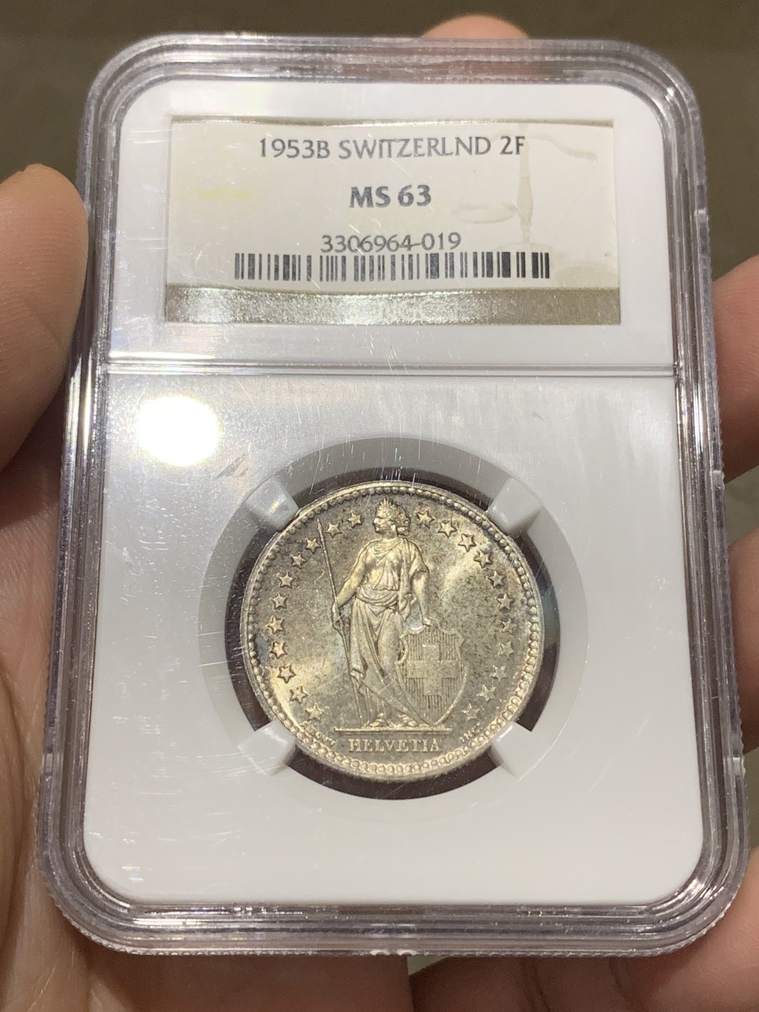 《竞宝斋》第159场-周日，周一 2场 (全场包邮) NGC-MS63 1953年 瑞士2法郎银币，赫尔维蒂娅女神。后期特年，1940后发行量最少的年份，书价是常见6x年的4-5倍