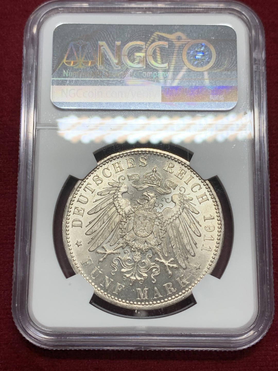 《竞宝斋》第159场-周日，周一 2场 (全场包邮) NGC-MS63 德国 1911年 5马克 大银币 巴伐利亚  摄政王90大寿纪念银币 细节完美 高分难得 鹰面64水平