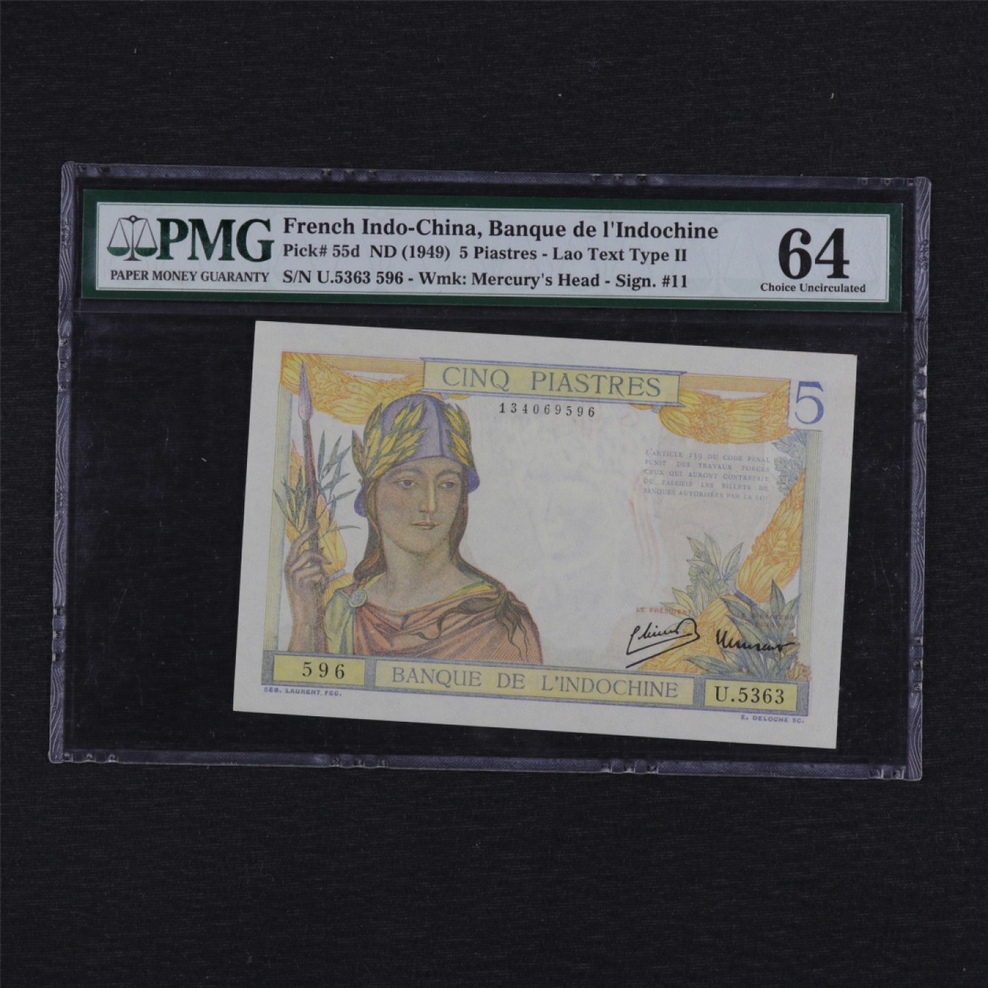 【亘邦集藏】第157期拍卖 1949年 法属印度支那5Piastres PMG 64 U5363 596