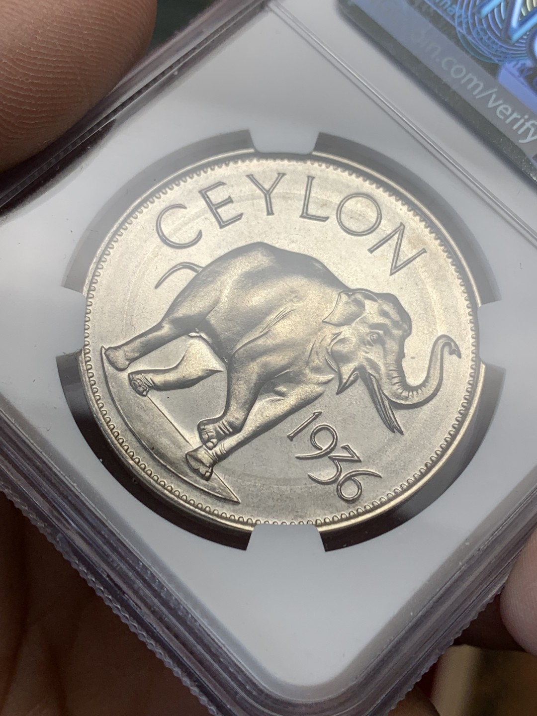 《竞宝斋》第159场-周日，周一 2场 (全场包邮) NGC-PF65 锡兰1936 大象1克朗大银币 少见品种