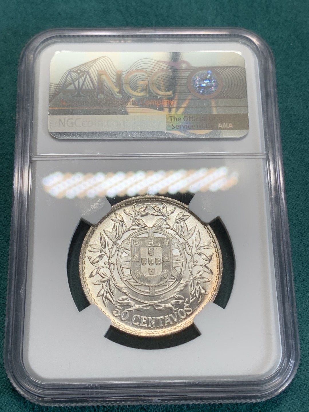 《竞宝斋》第159场-周日，周一 2场 (全场包邮) NGC-MS63 葡萄牙1916年 自由女神半圆 带彩包浆