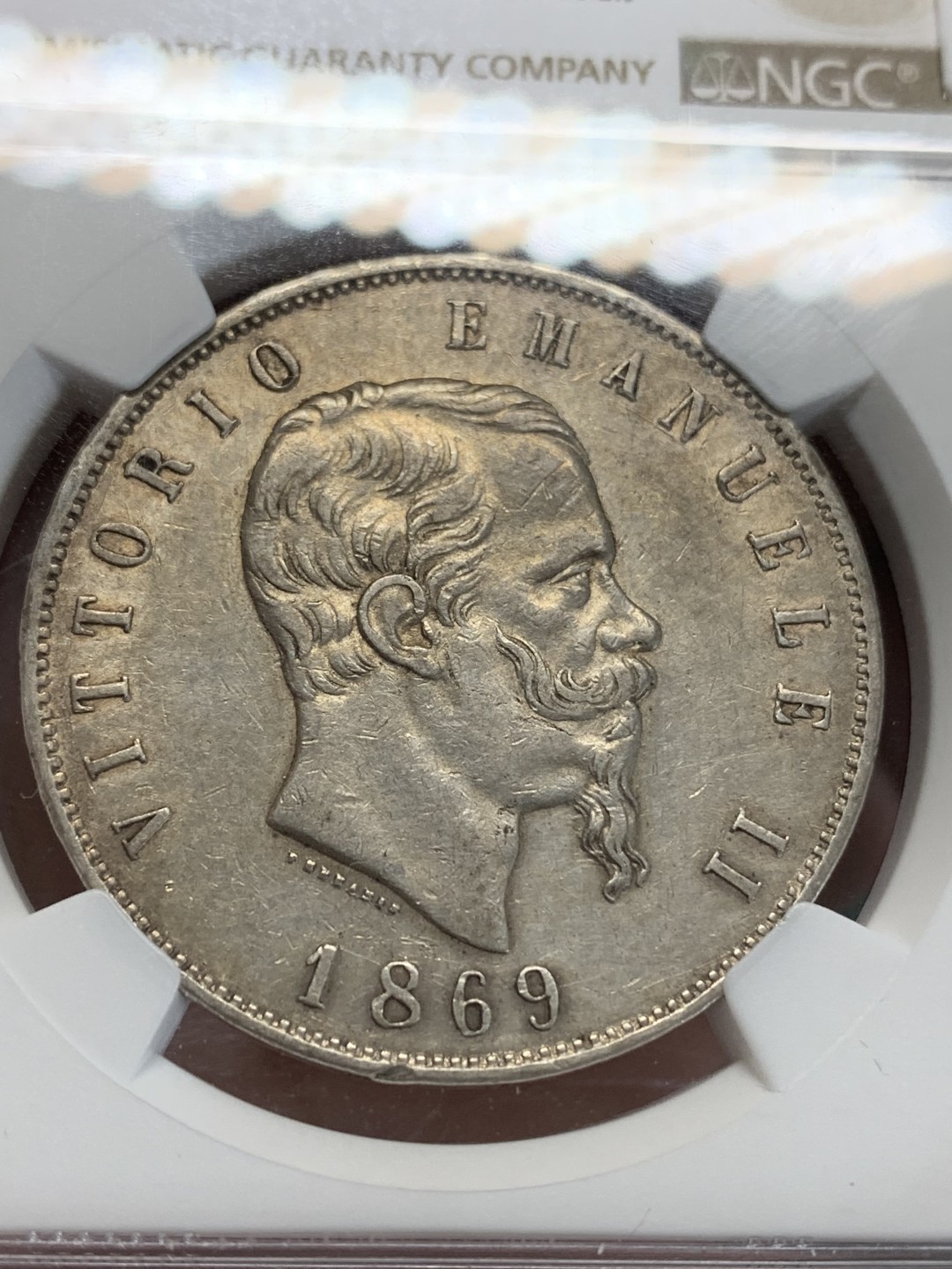 《竞宝斋》第159场-周日，周一 2场 (全场包邮) NGC-AU 1869意大利伊曼纽尔二世5里拉大银币