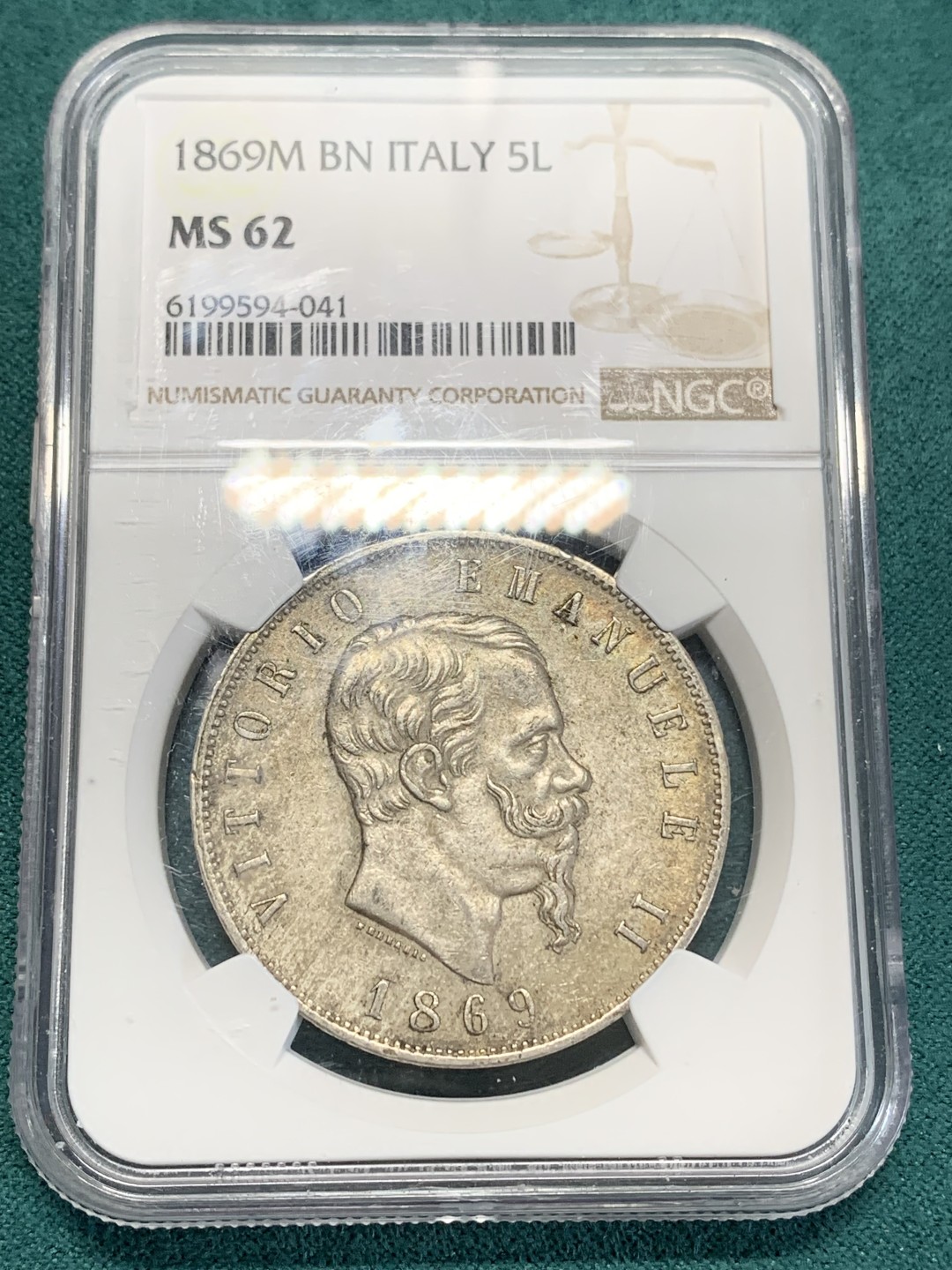 《竞宝斋》第159场-周日，周一 2场 (全场包邮) NGC-MS62 意大利5里拉大银 1869年该品种首年 枪灰色泛橙包浆 意大利国父埃马努埃尔二世早期统治意大利的见证