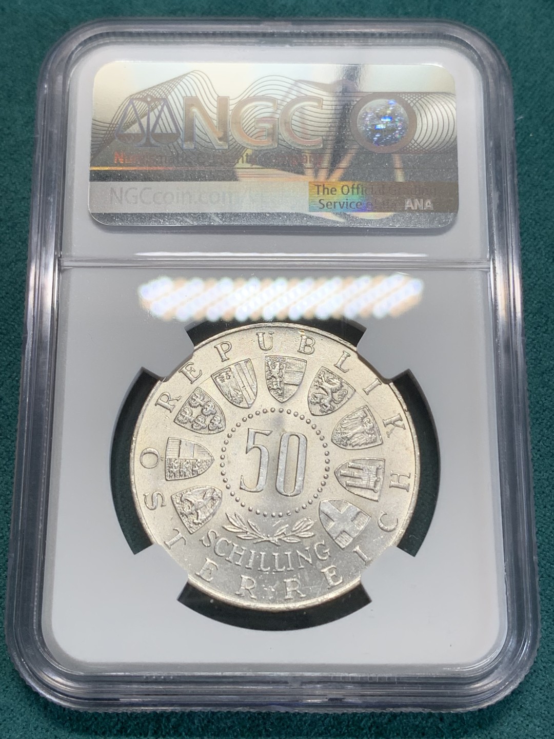 《竞宝斋》第159场-周日，周一 2场 (全场包邮) NGC-MS64 奥地利1963年 联盟纪念50先令大银币 好品好状态