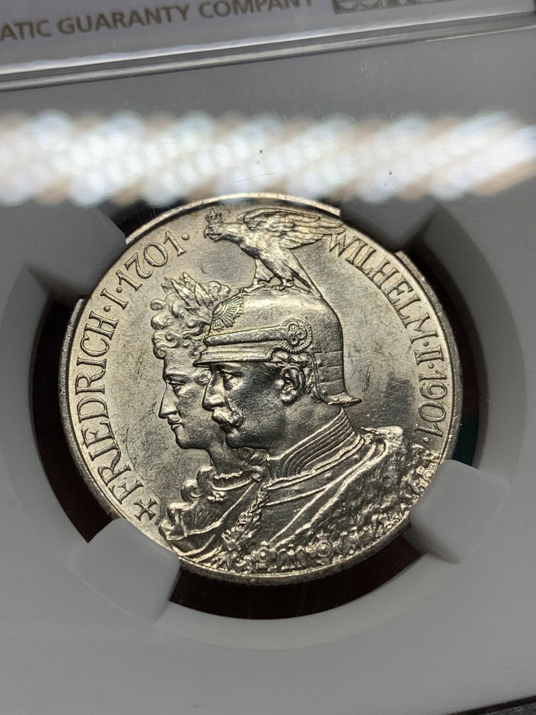 《竞宝斋》第159场-周日，周一 2场 (全场包邮) NGC-MS61 德国 1901年 A版 2马克 普鲁士建国200周年纪念 明显车轮光 正面有一丝淡黄包浆