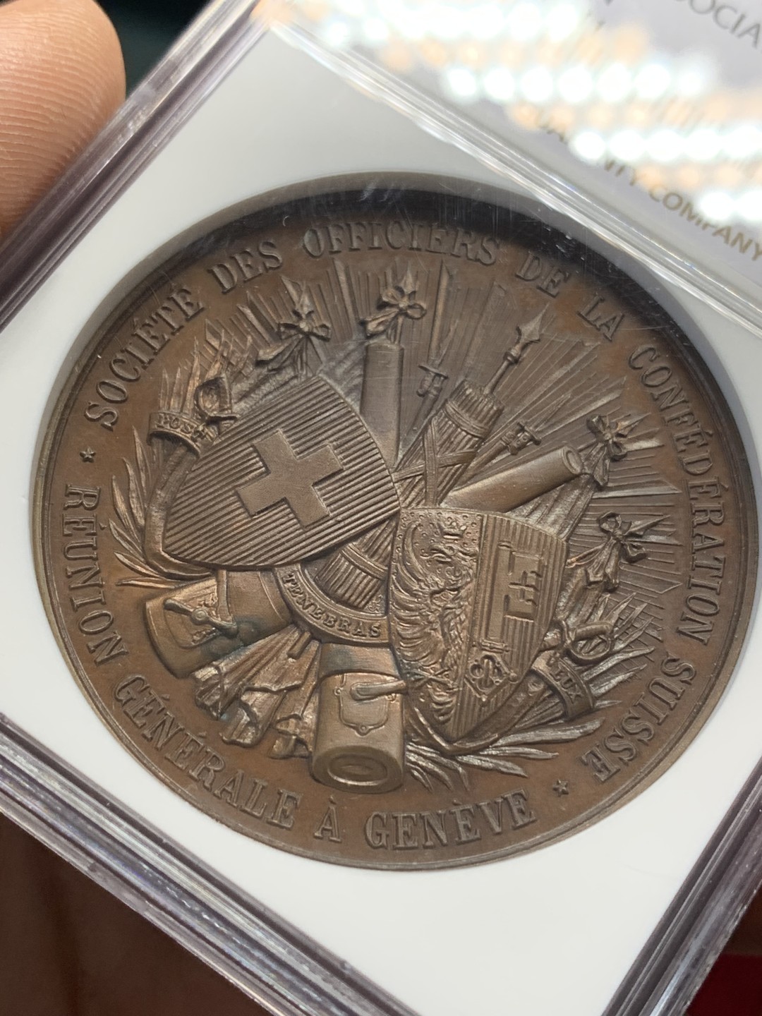 《竞宝斋》第159场-周日，周一 2场 (全场包邮) NGC MS64 1892年瑞士日内瓦联邦纪念铜章 双面精美高浮雕 难得顶级品相状态