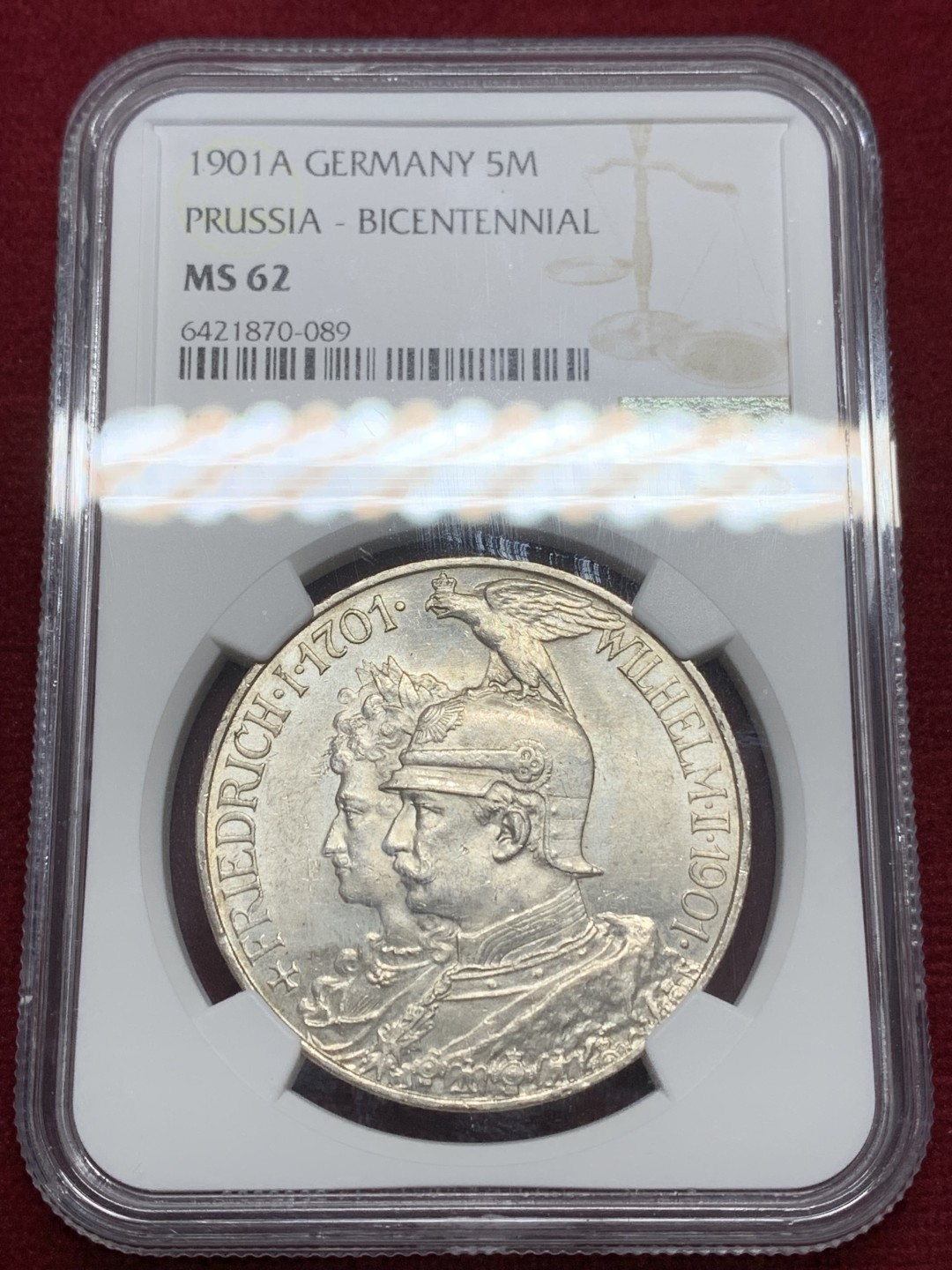 《竞宝斋》第159场-周日，周一 2场 (全场包邮) NGC-MS62 德国 1901年 5马克 大银币 普鲁士建国200周年纪念银币 原味淡包浆 温润舒服