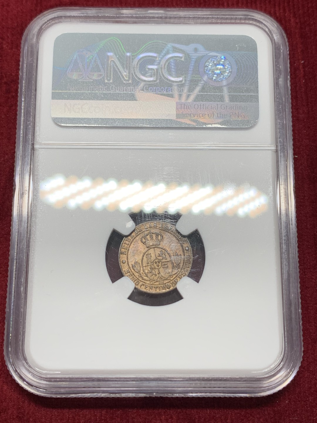 《竞宝斋》第159场-周日，周一 2场 (全场包邮) NGC-MS64RB 冠军分 1868年 西班牙伊莎贝拉女王1/2C铜币，塞维利亚厂。玲珑可爱的猪头妹铜币，难得RB原铜光，冠军分顶级品质