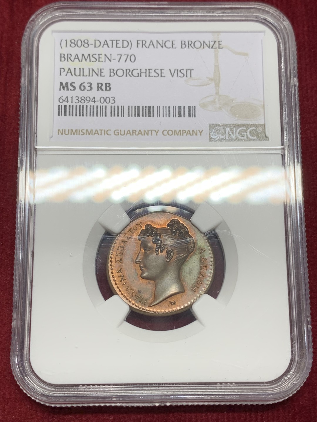 《竞宝斋》第159场-周日，周一 2场 (全场包邮) NGC-MS63 法国1808年 拿破仑妹妹---寶琳·波拿巴 好品铜章 非常稀少的品种