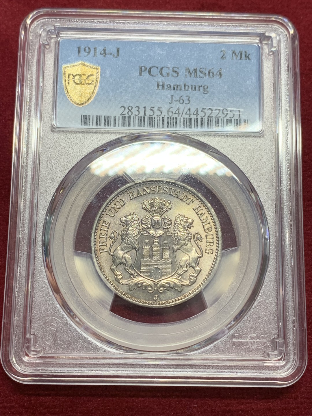 《竞宝斋》第159场-周日，周一 2场 (全场包邮) PCGS-MS64 德国汉堡 1914年双狮2马克 流通充分 高分非常少 转光美丽