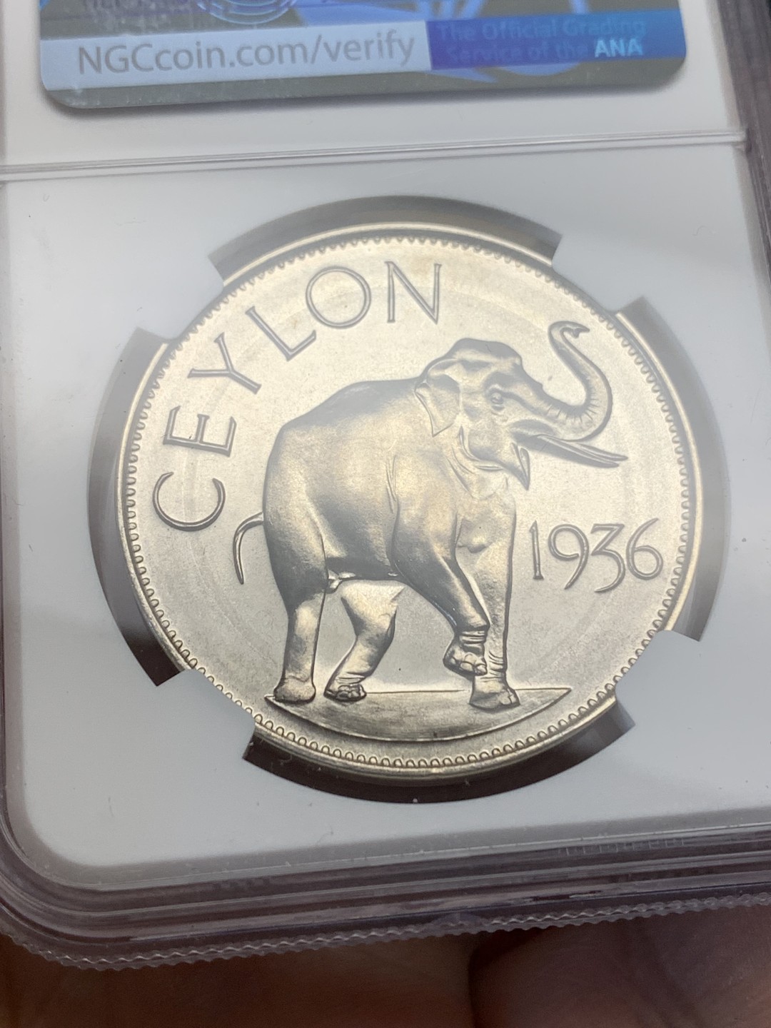 《竞宝斋》第159场-周日，周一 2场 (全场包邮) NGC-PF65 锡兰1936 大象1克朗大银币 少见品种