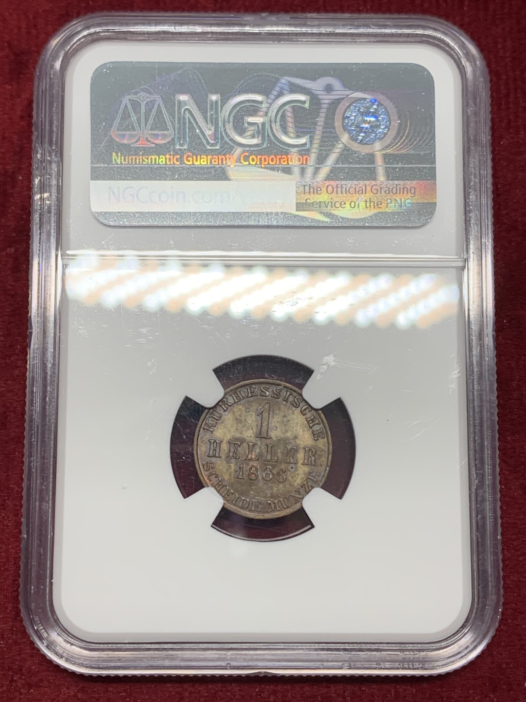 《竞宝斋》第159场-周日，周一 2场 (全场包邮) NGC MS63+ 德国黑森卡塞尔 1866年 1赫勒 少见小邦铜币