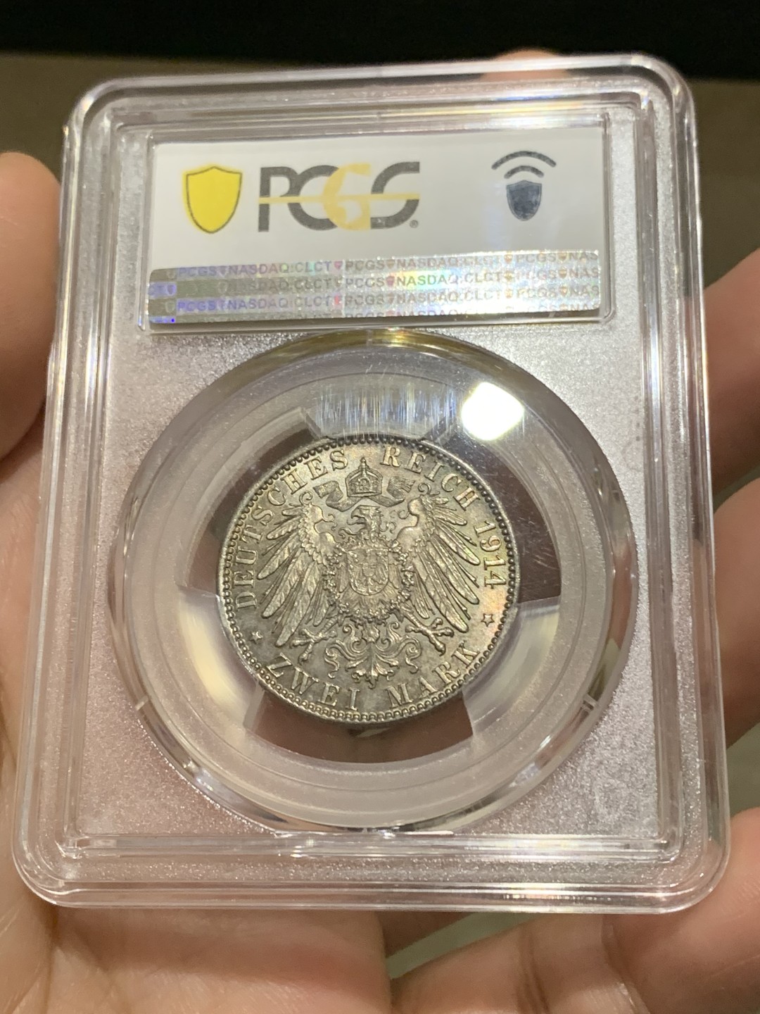 《竞宝斋》第159场-周日，周一 2场 (全场包邮) PCGS-MS64 德国汉堡 1914年双狮2马克 流通充分 高分非常少 转光美丽