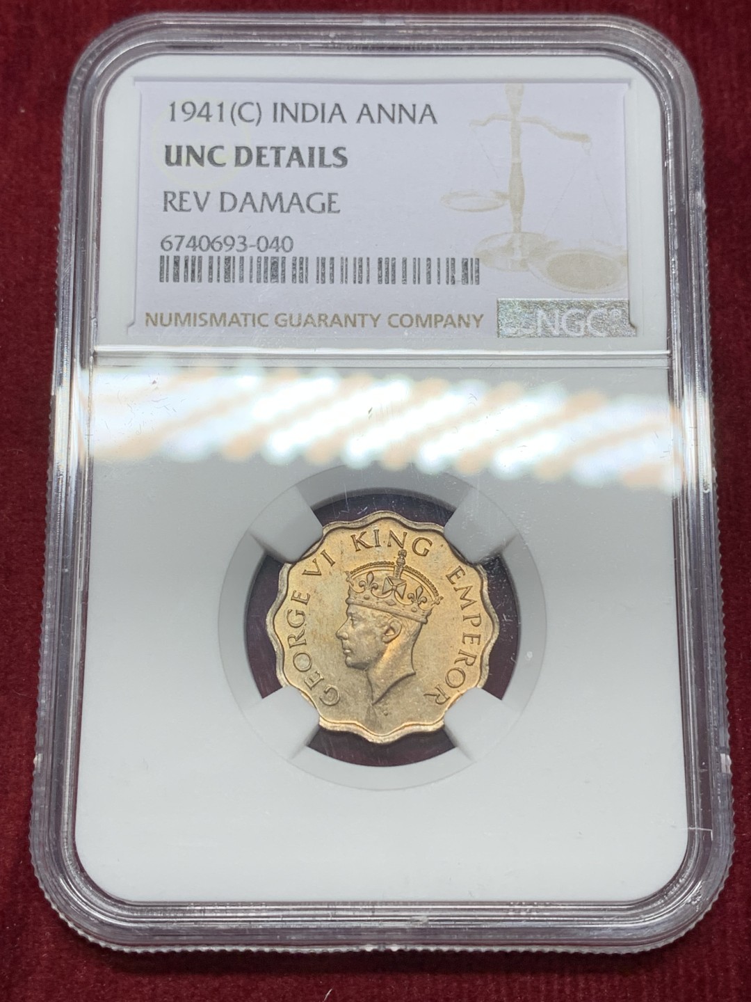 《竞宝斋》第159场-周日，周一 2场 (全场包邮) NGC-UNCD 英属印度 乔治六世 1941年C版 安娜 铜币 极品原光 完美铜币黄光