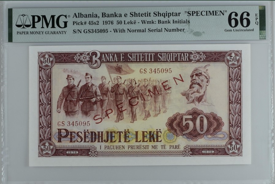收藏联盟Quantum Auction 第254期拍卖  阿尔巴尼亚1976年50列克样票 PMG66 中国代印
