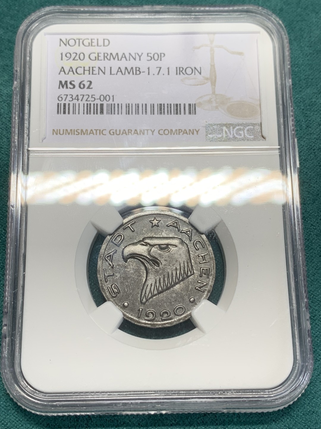 《竞宝斋》第159场-周日，周一 2场 (全场包邮) NGC-MS62 德国 德紧1920年亚琛鹰头铁币50芬尼，德紧系列开门名誉品，包浆均匀自然，一枚自藏