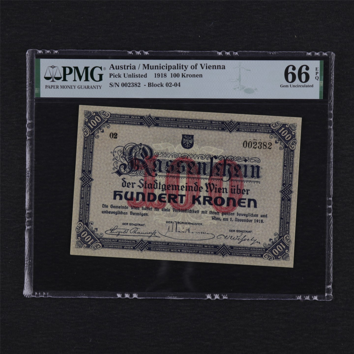 【亘邦集藏】第157期拍卖 1918年 奥地利100克朗 PMG 66EPQ 002382 