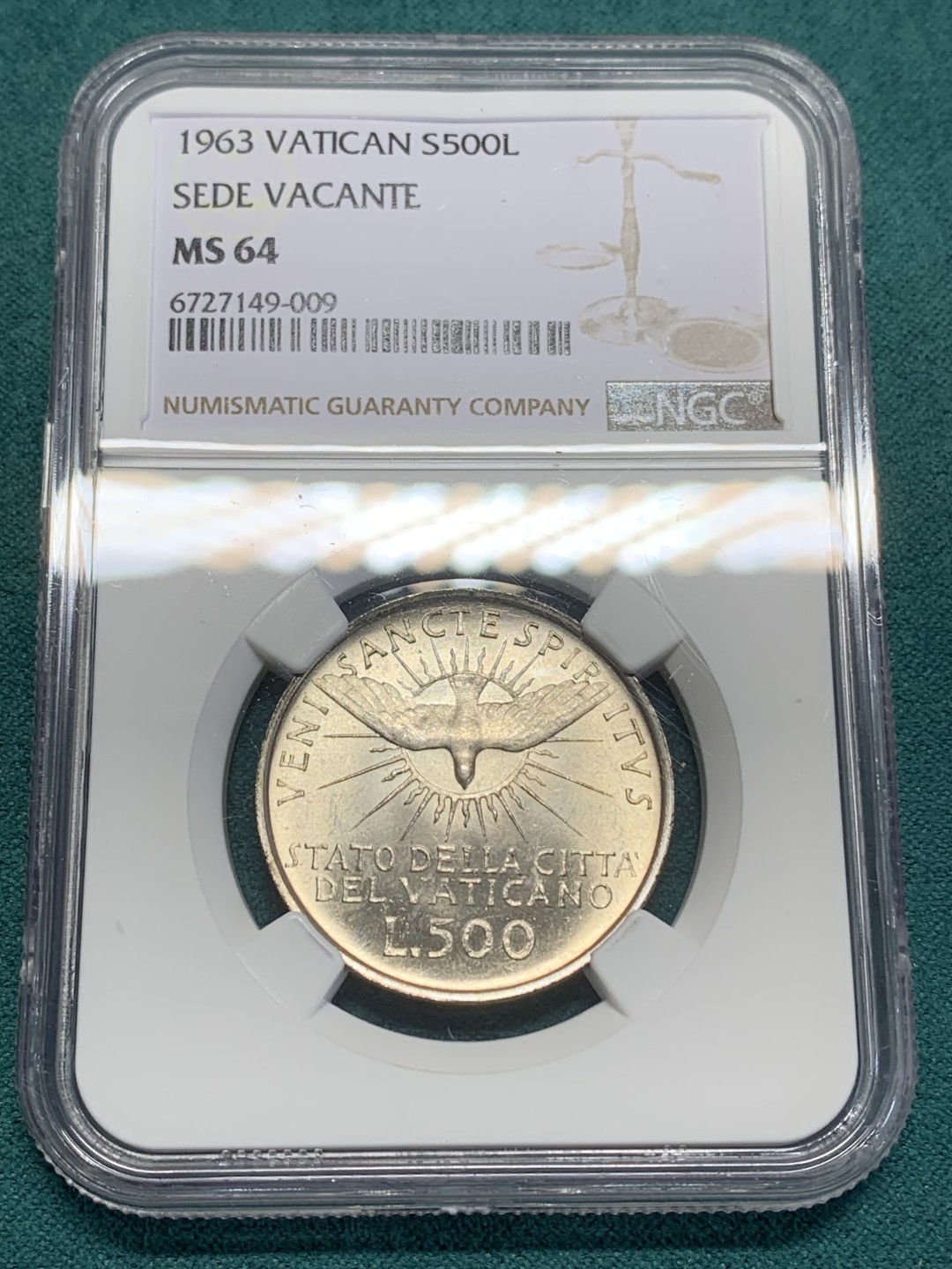 《竞宝斋》第159场-周日，周一 2场 (全场包邮) NGC-MS64，梵蒂冈1963年缺位 白光炫目 上手看更惊艳