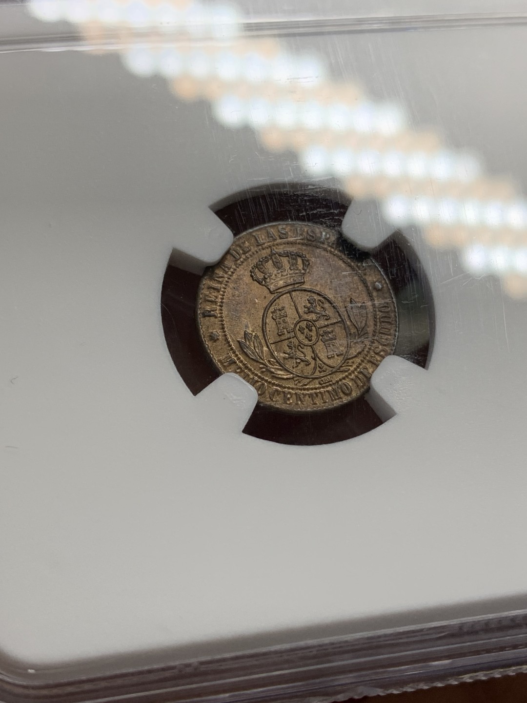 《竞宝斋》第159场-周日，周一 2场 (全场包邮) NGC-MS64RB 冠军分 1868年 西班牙伊莎贝拉女王1/2C铜币，塞维利亚厂。玲珑可爱的猪头妹铜币，难得RB原铜光，冠军分顶级品质