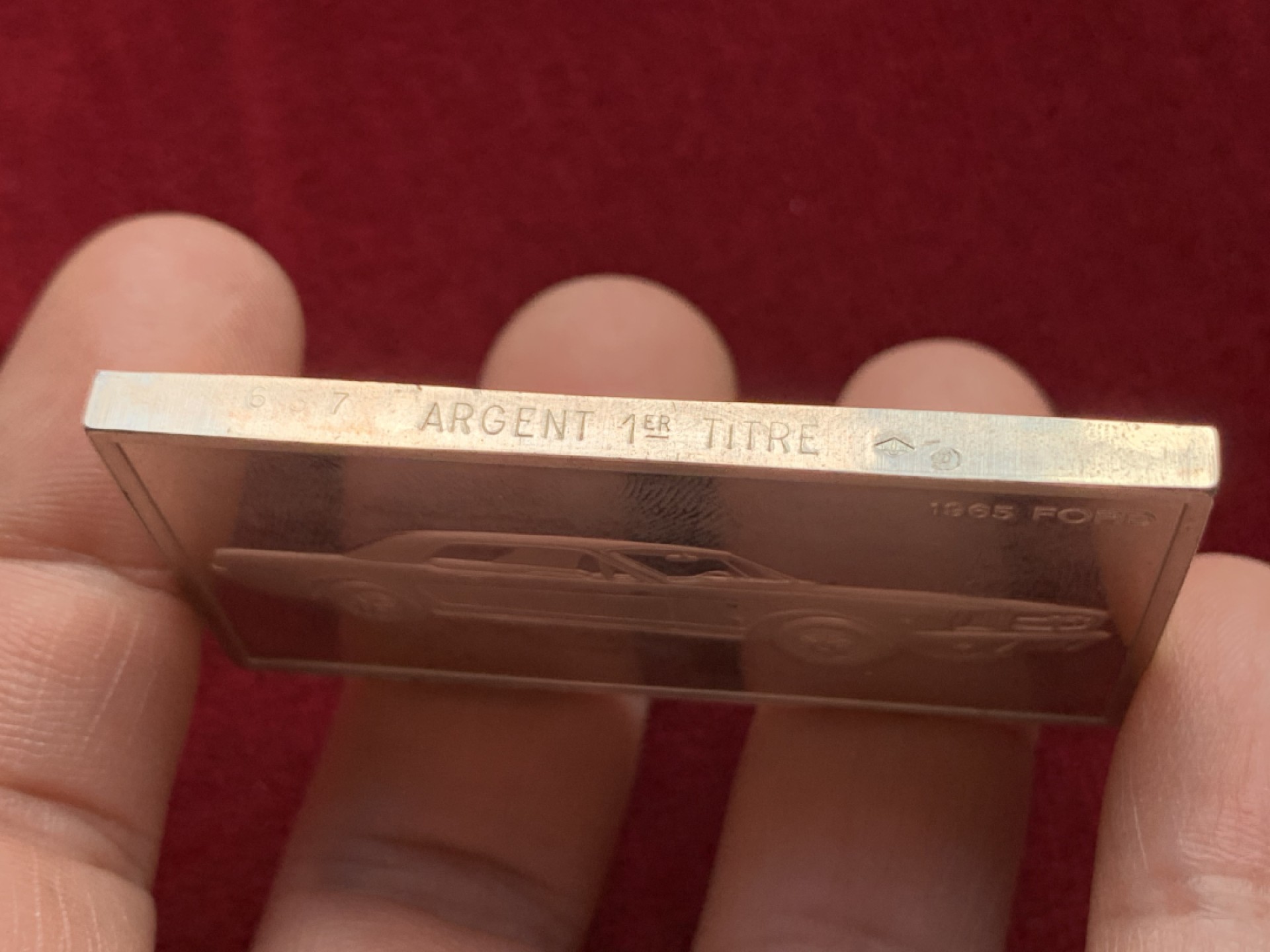 《竞宝斋》第159场-周日，周一 2场 (全场包邮) 法国 福特野马汽车 方形银砖 长57mm宽32mm 66g 边铭 菱形argent银标 把玩良品