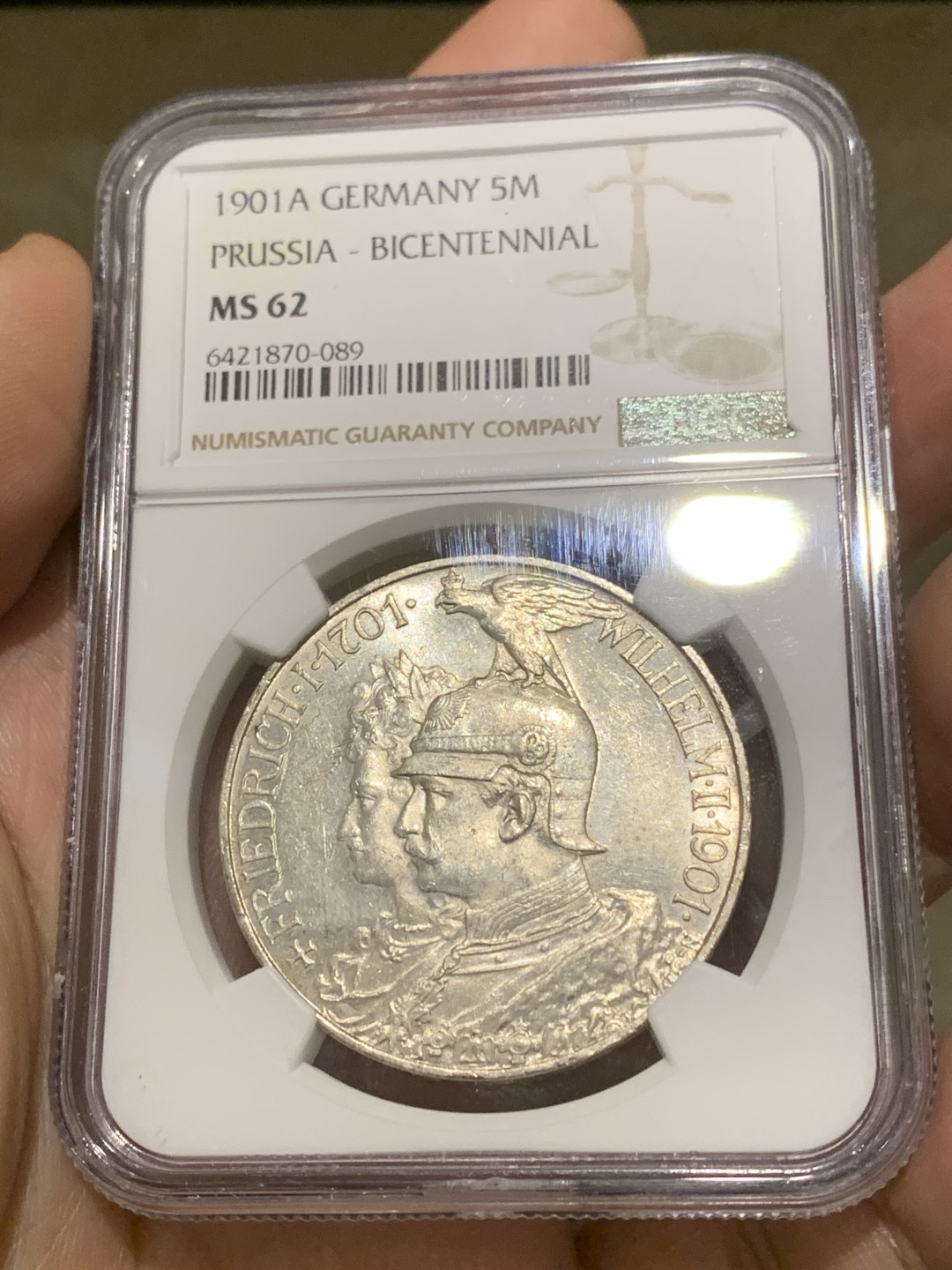 《竞宝斋》第159场-周日，周一 2场 (全场包邮) NGC-MS62 德国 1901年 5马克 大银币 普鲁士建国200周年纪念银币 原味淡包浆 温润舒服