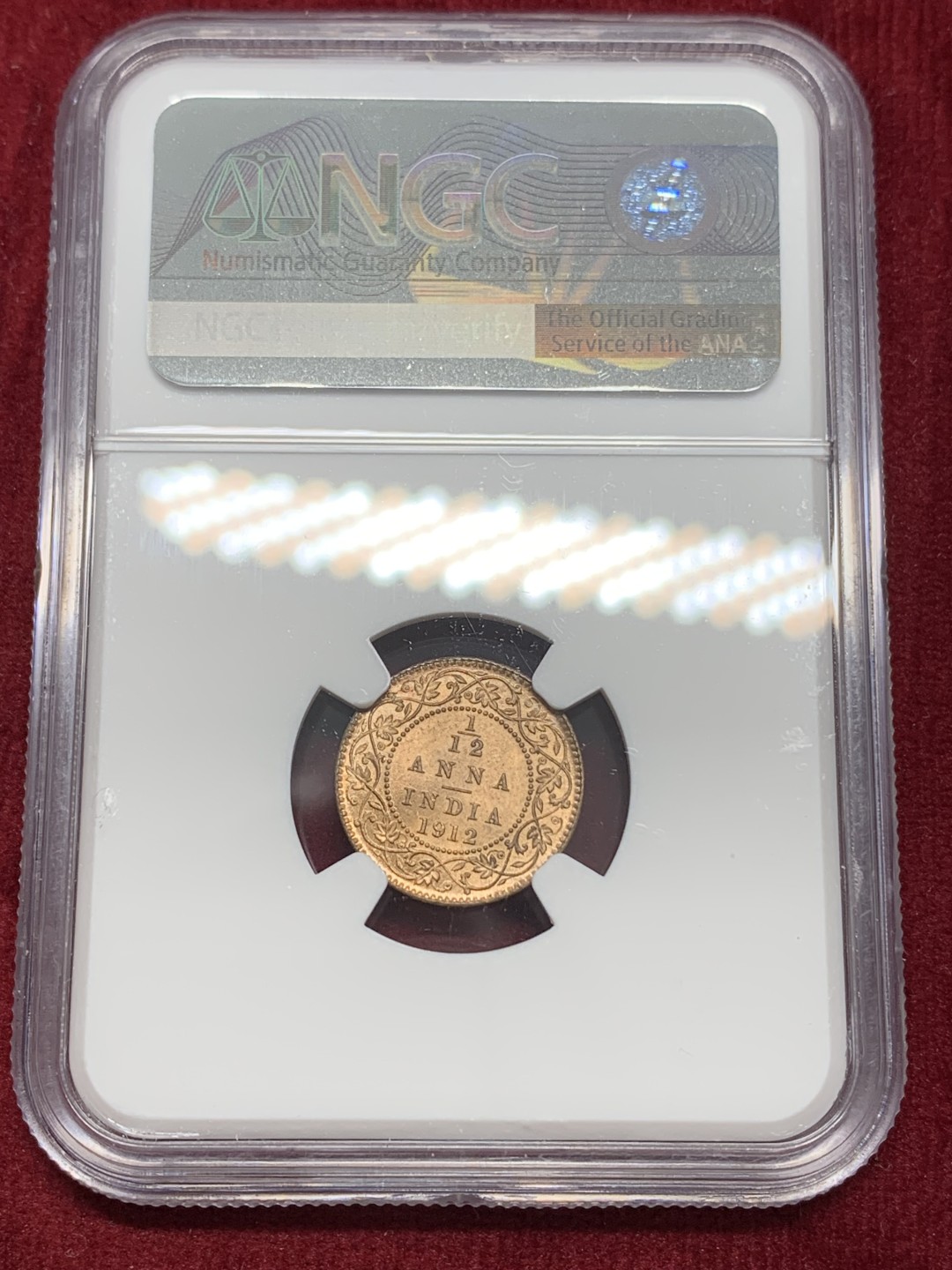 《竞宝斋》第159场-周日，周一 2场 (全场包邮) NGC-MS65RB 英属印度 乔治五世 1912年C版 1/12安娜 铜币 极品原光 完美铜币红光