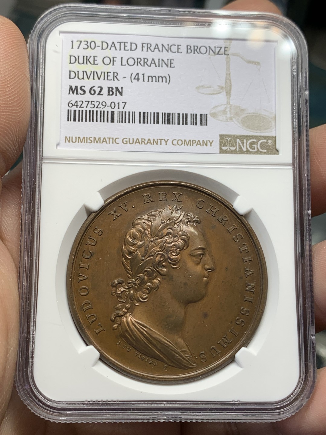 《竞宝斋》第159场-周日，周一 2场 (全场包邮) NGC MS62 1730年法国路易十五铜章 洛林公爵纪念铜章 难得ms好品
